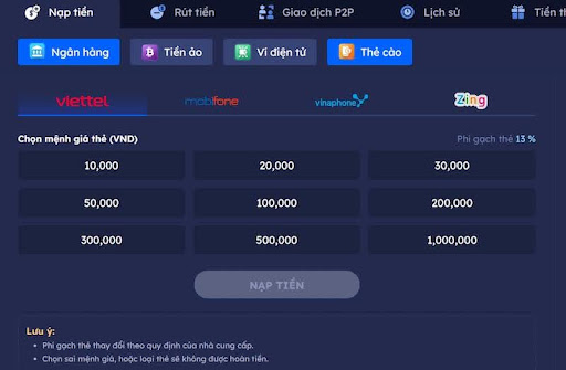 Nạp tiền DA88 bằng thẻ cào chiết khấu 13%